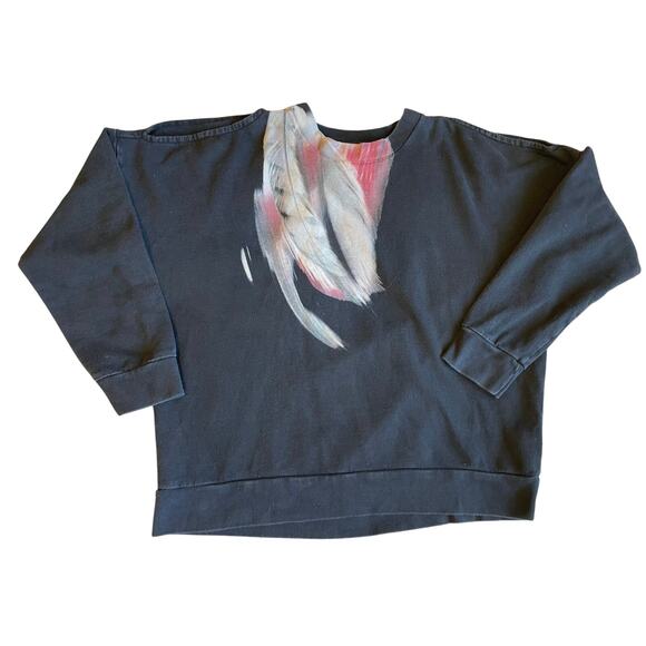 All Saints Cold Shoulder Crew Neck Black Graphic Feather Print Sweatshirt Small - Picture 1 of 9